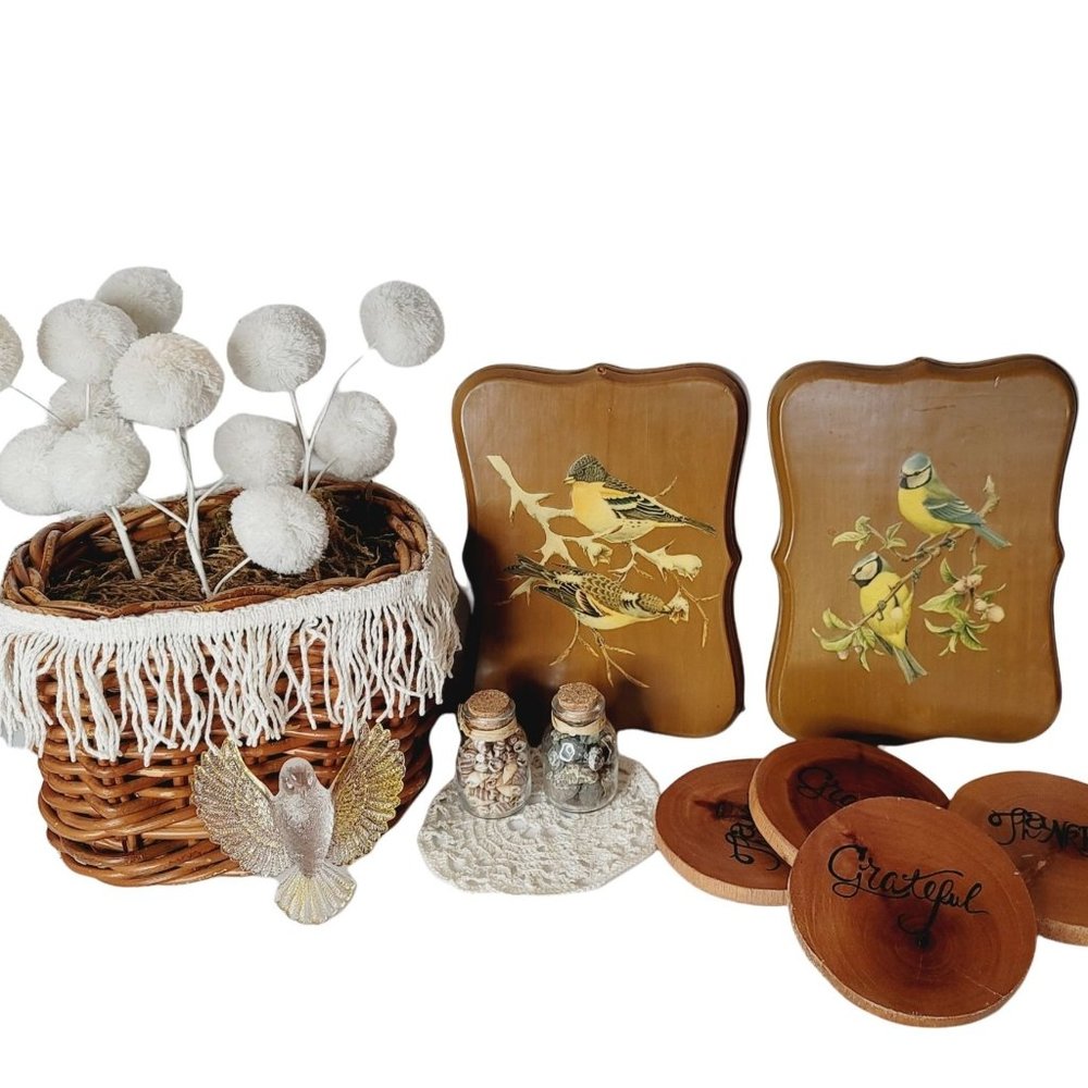 Natural Brown Wood Boho Bird Themed Curated Home Decor Bundle